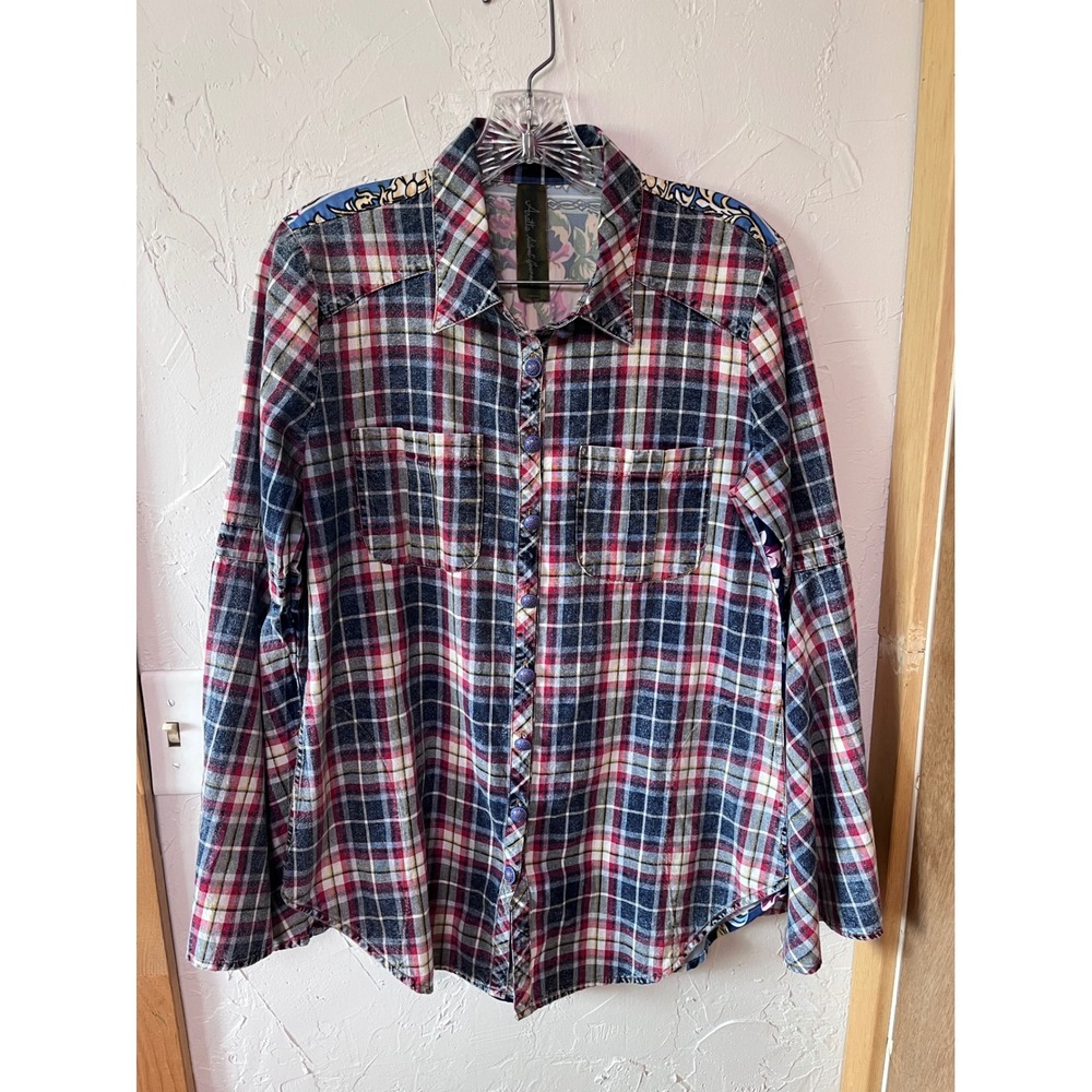 Aratta Silent Journey Plaid Scarf Print Back Bell Sleeve Shirt Small